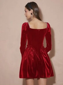 Enchnt 女士纯色甜心领水钻装饰优雅长袖连衣裙 - 紅色 - 查看 4