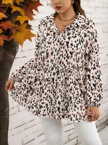 SHEIN LUNE Plus Size Women Polka Dot Pattern Lantern Sleeve Loose Waist Patchwork Design Casual Shirt, Autumn Thanksgiving Shirt Holiday Outfit - Multicolor - View 9