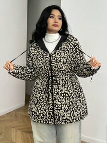 SHEIN EZwear 大码女式休闲豹纹收腰连帽加厚外套，可双面穿 - 彩色 - 查看 1