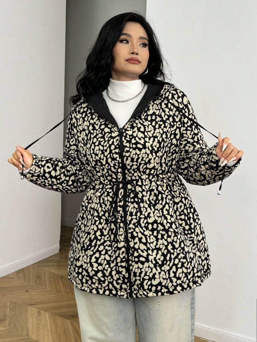 SHEIN EZwear 大码女式休闲豹纹收腰连帽加厚外套,可双面穿 - 彩色 - 查看 1