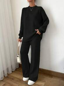 EURMUSE 2pcs Set Ribbed Textured Knitted Sweater With Funnel Neck Long Sleeve Top & Pants - Black - View 1