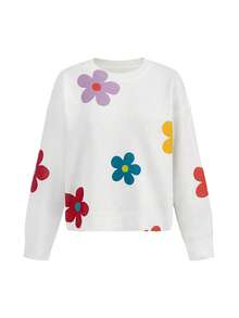 Caroline Law Artist Y2K Style Colorful Floral Pattern Round Neck Sweater For Women, Holiday, New Year, Thanksgiving, Winter, Vacation, Festival, Ibiza Fits - White - View 1