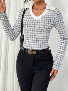 SHEIN Clasi 优雅格子 V 领长袖女式 T 恤 - 白色 - 查看 4