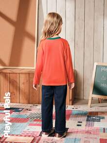 SHEIN 2 Pcs Young Girls And Boys Sets Moon Print Color Block T-Shirt & Jeans Suit,Cute Retro Casual Autumn School Outfits,Winter/Fall Little Girl Clothes - Multicolor - View 2
