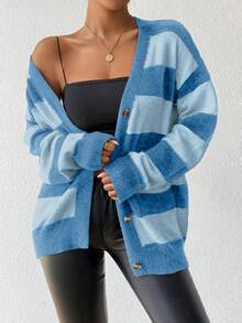 Chiquease Áo len cardigan dệt kim kẻ sọc giả lông chồn cashmere mới cho nữ, mùa thu/đông - Màu xanh lam - Xem 5