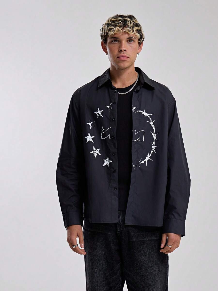 Musero Oversized Long Sleeve Button Through Collared Graphic Stars Print Shirt Autumn Winter Essentials Streetstyle - Black - View 1