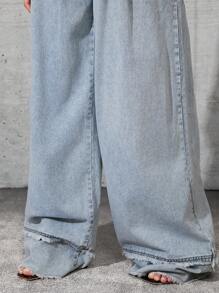 Denimoi Women Plain Pocket Decor Casual All-Match Loose Wide Leg Jeans