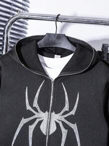 Tween Boy Casual Spiderweb Graphic Zip Front Hoodie And Elastic Waist Pants Set, Suitable For Autumn, Spring, Winter, Fits For Outdoor Play, School, Street Fashion, Party, And Leisure Wear