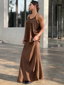 DAZY 女士优雅纯色露背上衣和裙子两件套 - 棕色 - 查看 3