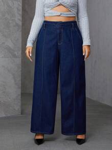 SHEIN Essnce Plus Size Women Loose Fit Pockets Wide Leg Casual Versatile Denim Jeans - Blue - View 3
