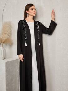 Al Najma Fringe Detail Bud Stem Embroidered Elegant Long Sleeve Jacket, Modest Elegant Open Abayas, For Casual Daily/Party - Black - View 3