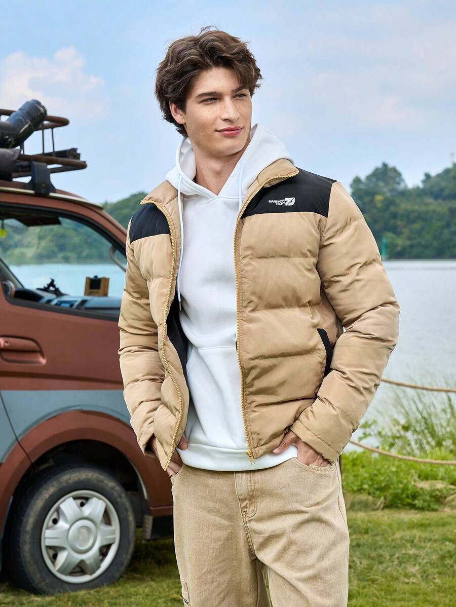 Manfinity VCAY Men's Casual Loose Fit Reversible Wadded Jacket, Long Sleeve, Woven, Daily Wear, For Fall Winter - Black - View 1