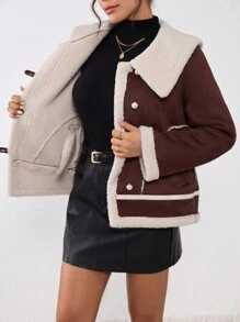 Muchica Áo khoác rộng tay dài cổ lông màu trơn Unity Ladies Thermal Lined Colorblock, hàng khuy đơn, áo khoác giữ nhiệt ấm áp mùa thu/đông thời tiết lạnh tuyết dành cho nữ trang phục ngày lễ - Màu Đỏ Sâu - Xem 5