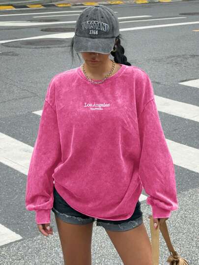 Muchica 1pc Women Retro Acid-Washed Embroidered Long Sleeve Round Neck Knitted Sweatshirt