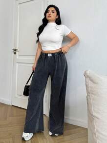 SHEIN EZwear Plus Size Washed Acid Washed Loose Baggy Pants, Versatile - Black - View 5