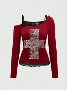 ROMWE Grunge Punk 性感 Y2K 风格水钻骷髅和星星印花镂空拼接细肩带长袖二合一女式 T 恤 - 紅色 - 查看 5