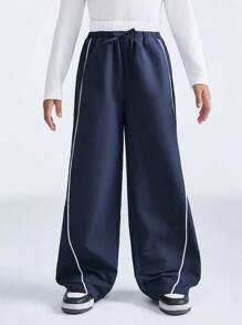 SHEIN Tween-Mädchen Frühling/Sommer Farbblock Kordelzug Taille Weites Bein Lockere Lässig hose