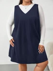SHEIN CURVE+ French Style Solid Color V-Neck Corduroy Dress (Sweater Not Included)