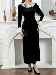 Modelyn Đầm Maxi Nữ Cổ Hoa Pháp Thanh Lịch Lãng Mạn Chiffon Vá Vá Maxi Trang Phục Dạ Hội Dài - màu đen - Xem 2