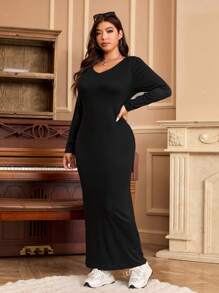 SHEIN EZwear Plus 纯色 V 领紧身连衣裙长裙，适合冬季 - 黑色 - 查看 3