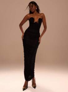 MUSERA 钢圈罩杯修身长裙，适合度假、夏季、浪漫、伊比沙岛假日、秋季长裙、毕业舞会等场合。 - 黑色 - 查看 5