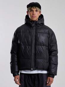 Musero Áo khoác nam dáng rộng có mũ trùm đầu, lót bông, cài khuy ẩn, thích hợp cho mùa đông. - màu đen - Xem 1