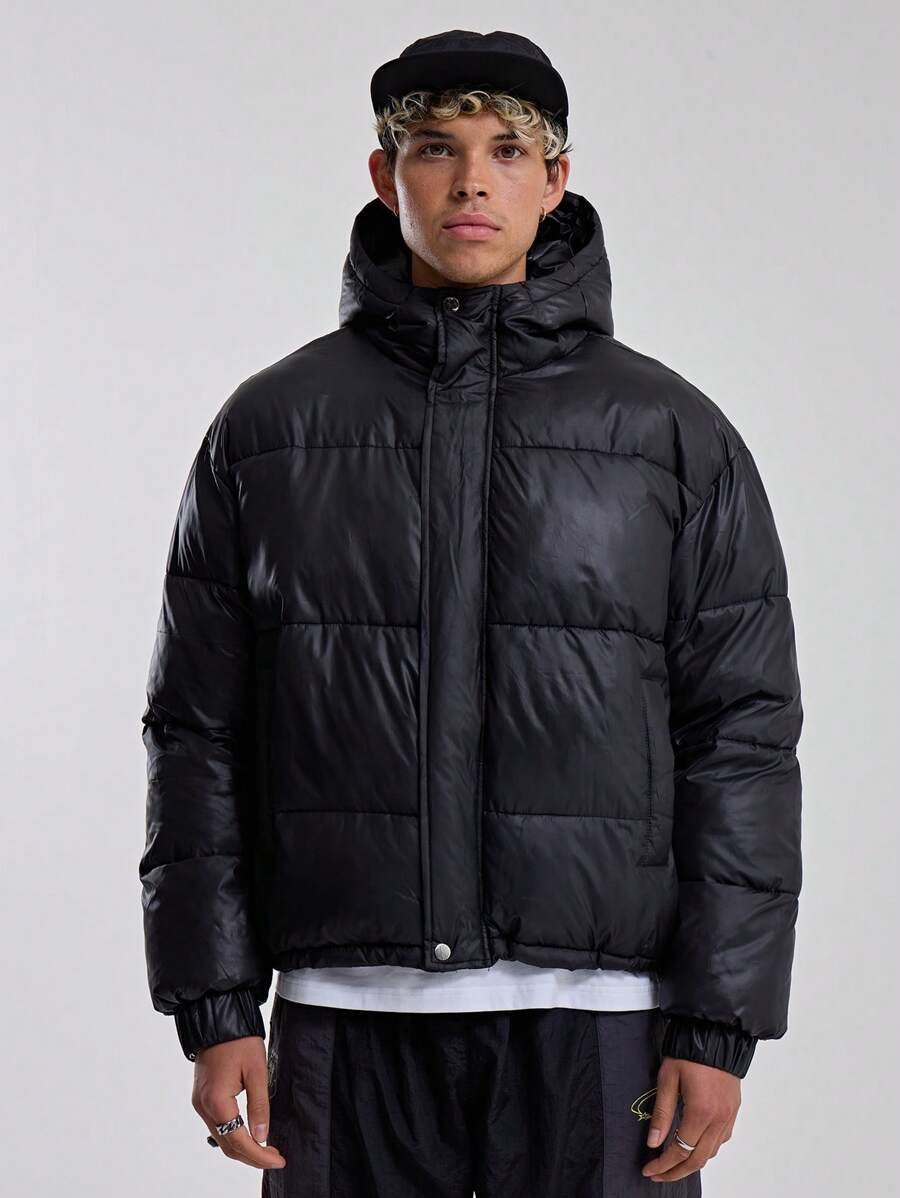 Musero Áo khoác nam dáng rộng có mũ trùm đầu, lót bông, cài khuy ẩn, thích hợp cho mùa đông. - màu đen - Xem 1