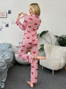Conjunto de pijama de mujer con cárdigan de rayas con lazo y mangas largas