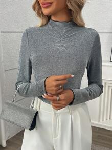 SHEIN Clasi Blusa casual con mangas largas y cuello con recorte de bloqueo de color, para uso diario