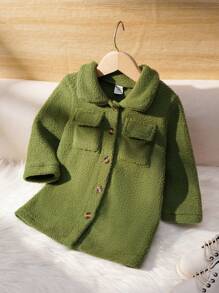 SHEIN Toddler Girls Warm Fleece Long Jacket, Suitable For Outings, Autumn/Winter - Olive Green - View 2