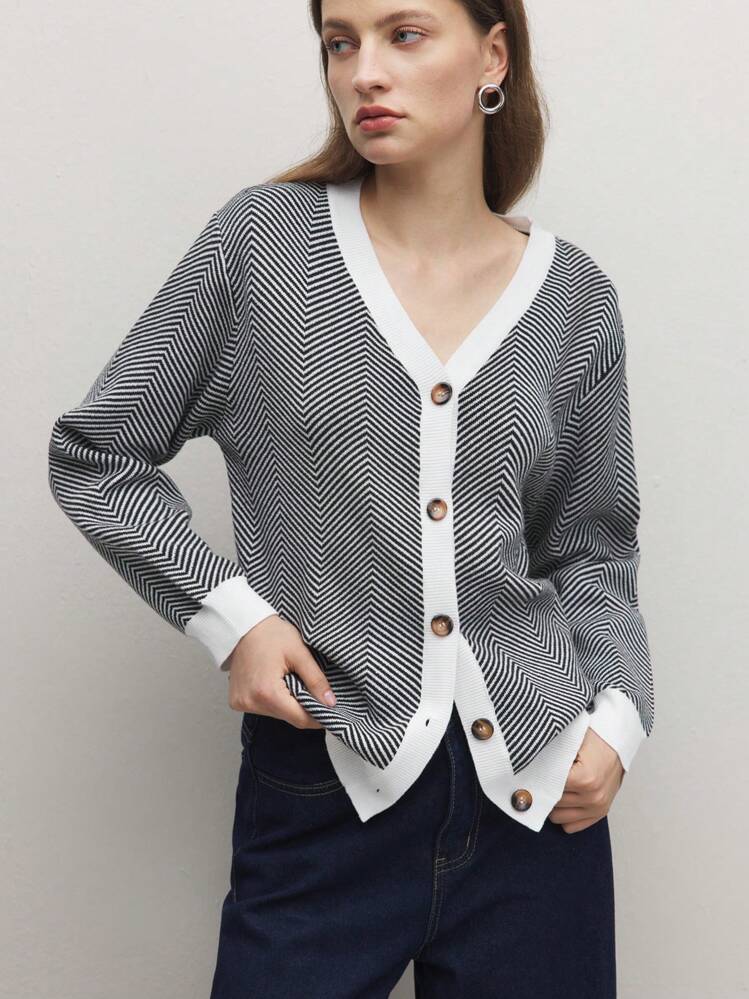 BizChic 黑白拼色开衫毛衣，时尚连帽长袖套头衫，女士专业办公服装，春夏，感恩节，新年， - 黑與白 - 查看 5