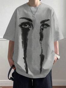 Claim Dot Loose Fit Men's Eye Graphic Round Neck T-Shirt - Light Grey - View 1