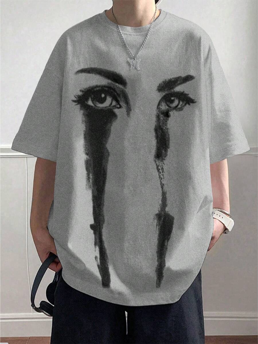 Claim Dot Loose Fit Men's Eye Graphic Round Neck T-Shirt - Light Grey - View 1