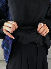 FRIFUL 女式撞色格子印花休闲宽松长袖运动衫，秋季服装 - 黑色 - 查看 3