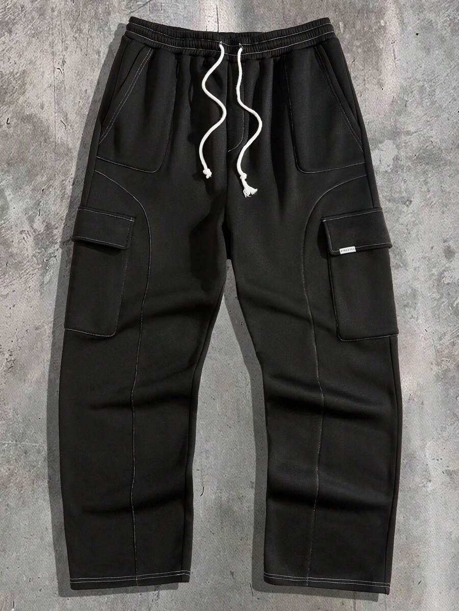 Manfinity RebelGame Men's Casual Loose Knit Drawstring Waist Cargo Jogger Pants - Black - View 1