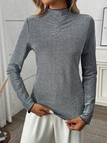 SHEIN Clasi Blusa casual con mangas largas y cuello con recorte de bloqueo de color, para uso diario