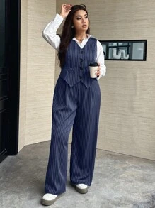 Easura 大码女式 2 件套单排扣条纹背心和裤子休闲西装套装，适合工作和日常穿着 - 藍白色 - 查看 4