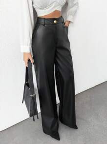 EURMUSE Plus Size Gold Button Detailed Straight Fit Leather Pant - Black - View 4