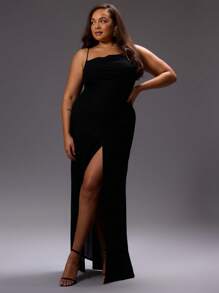 MUSERA 大码性感开衩长裙套装，适合外出、派对、夜店、锐舞派对、音乐会、节日、性感约会等场合，飘逸百搭。 - 黑色 - 查看 5