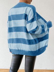 Chiquease Áo len cardigan dệt kim kẻ sọc giả lông chồn cashmere mới cho nữ, mùa thu/đông - Màu xanh lam - Xem 2