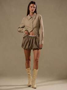 MUSERA Textured Long Sleeve Open Hem Button Up Shirt Vacation Spring Summer Casual - Khaki - View 5