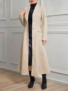 Modelyn Women's Woven Apricot Color Elegant Crystal Button Turn-Down Collar Slim Fit Long Sleeve A-Line Overcoat - Apricot - View 4