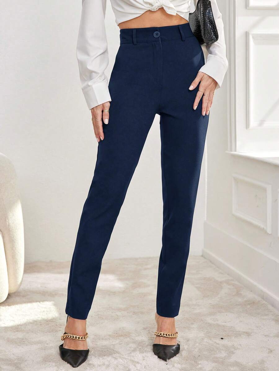 EURMUSE Women's Solid Color Button Detail Skinny Dress Pants, Elegant Work Wear - Navy Blue - View 1