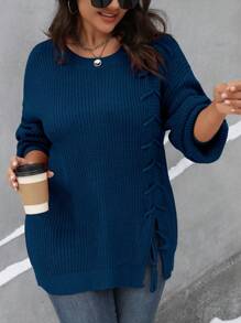 SHEIN LUNE Plus Size Solid Color Crew Neck Long Sleeve Minimalist Pullover Sweater, Casual For Everyday Wear, For Winter Knit Pullover Fall - Blue - View 5