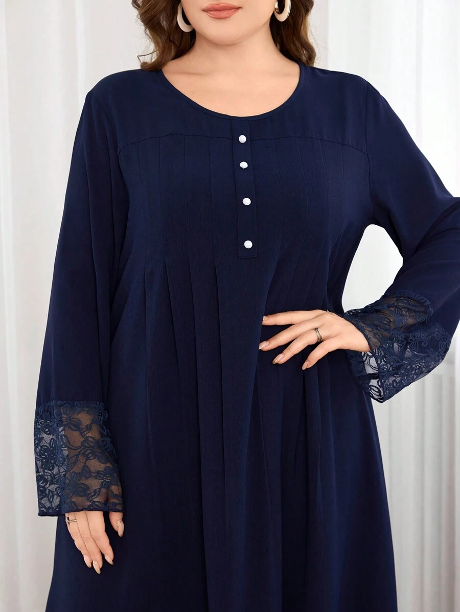 Al Najma 海军蓝蕾丝拼布荷叶边下摆大码连衣裙，朴素休闲 A 字形长裙，适合日常休闲