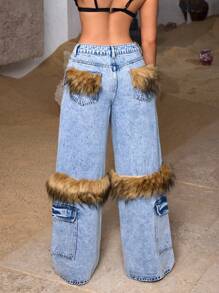 SHEIN ICON Women Front Button Pocket Furry Patchwork Casual Jeans - Blue - View 2