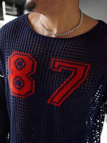 Manfinity Homme Plus Size Men's Fashion Hollow-Out Number Pattern Knit Sweater, Autumn - Multicolor - View 3