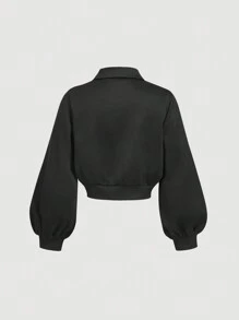 SHEIN MOD Bluza z kołnierzykiem, długim rękawem, zamkiem błyskawicznym, falbanką i krótkim rękawem - Czarne - Zobacz 2