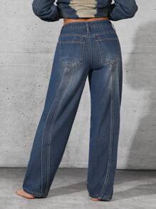 Denimoi 优质牛仔裤 女士牛仔裤 时尚牛仔裤 宽松版型 宽松牛仔裤 牛仔布 洗水牛仔裤 - 深色水洗藍 - 查看 7