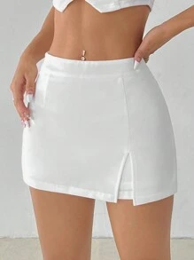 SHEIN PETITE Casual Simple Solid Split Hem Summer Skort - White - View 7